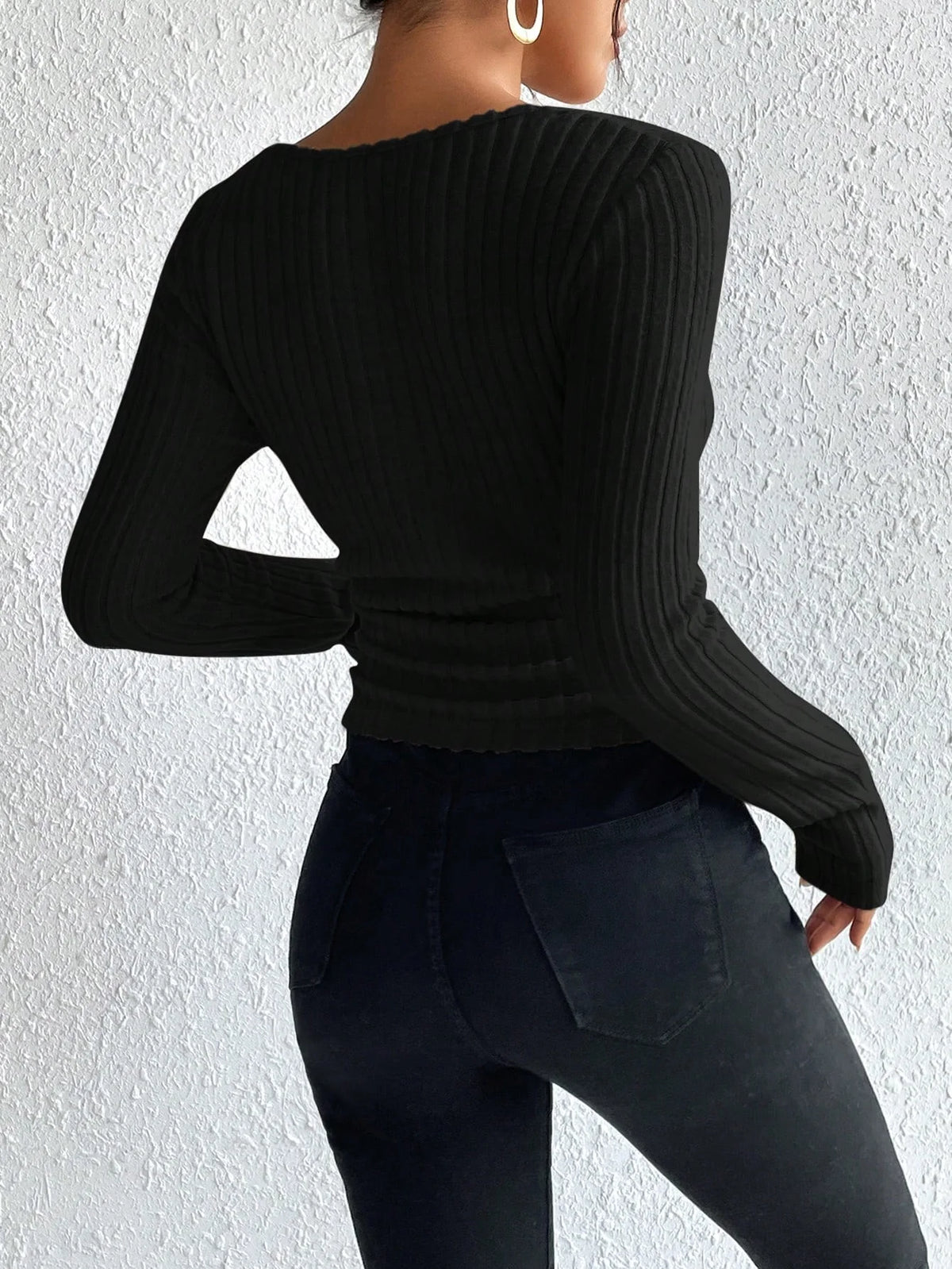 Women’s autumn clothing: ribbed, textured, long-sleeved T-shirt with a square neck, seductive, form-fitting base layer top.