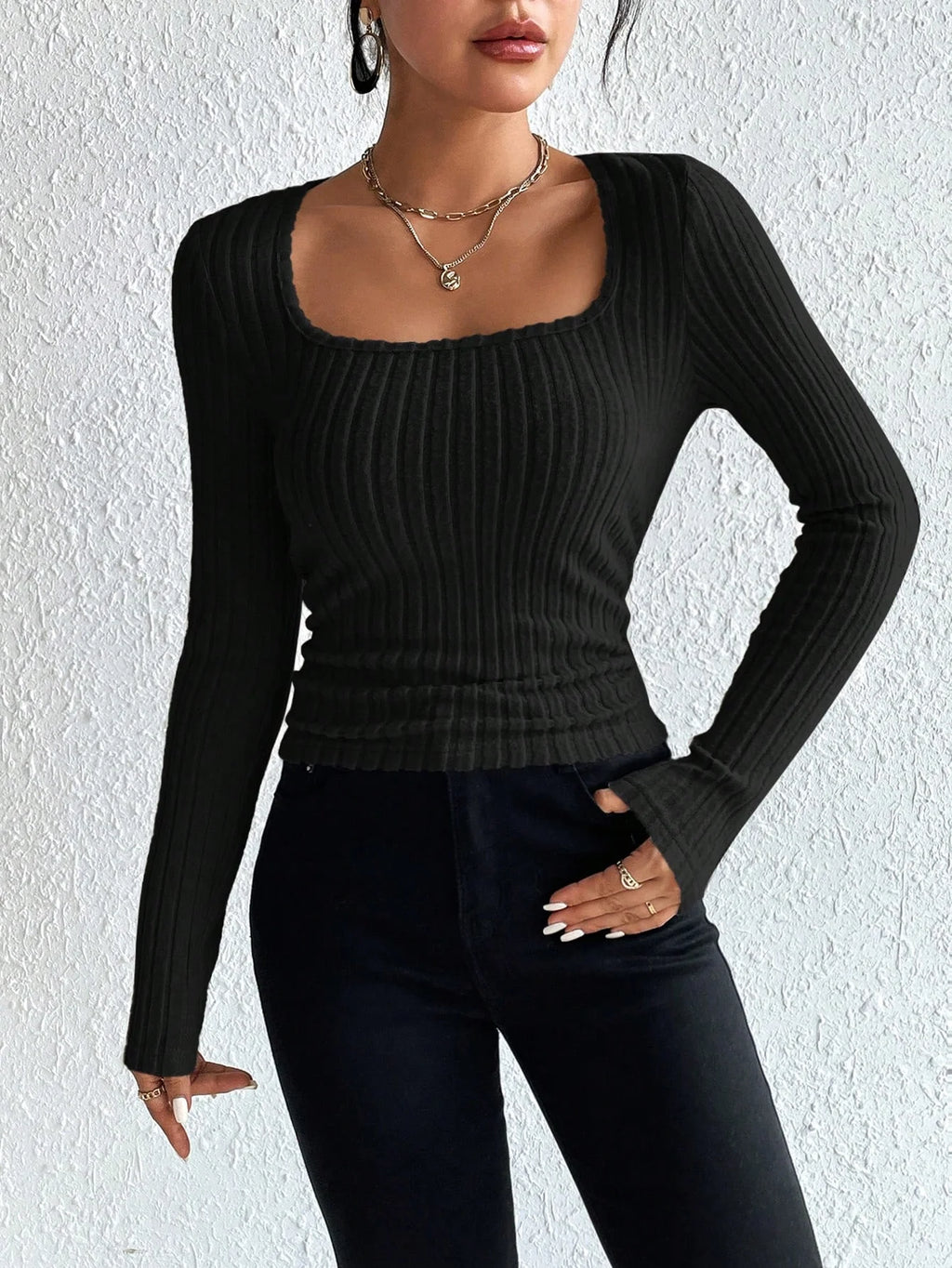 Women’s autumn clothing: ribbed, textured, long-sleeved T-shirt with a square neck, seductive, form-fitting base layer top.