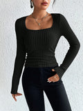 Women’s autumn clothing: ribbed, textured, long-sleeved T-shirt with a square neck, seductive, form-fitting base layer top.